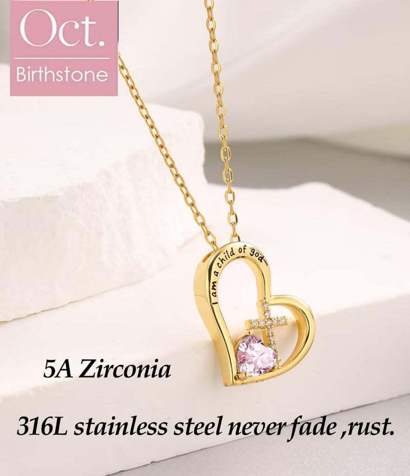 BAOWING Store I Am a Child of God Heart Cross Birthstone Necklace for Girls Baptism Gifts First Communion Gifts Easter Birthday Christmas Gifts Jewelry for Goddaughter Godchild Teens Girls Women - Image 1